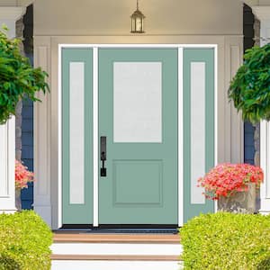 Legacy 64 in. x 80 in. 1/2 Lite Rain Glass RHIS Primed Quarry Finish Fiberglass Prehung Front Door w/Dbl 12 in. SL