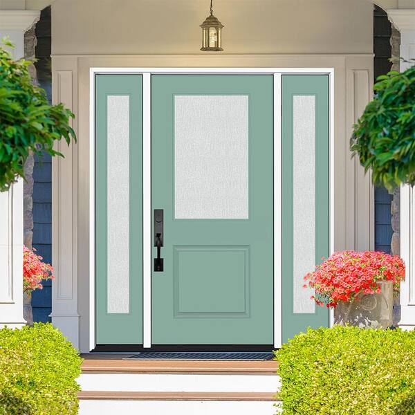 Legacy 64 in. x 80 in. 1/2 Lite Rain Glass LHOS Primed Quarry Finish Fiberglass Prehung Front Door w/Dbl 12 in. SL