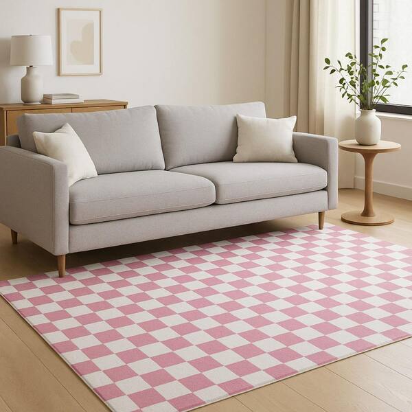 5 ft. x 8 ft. Pink And Off White Checkered Area Rug