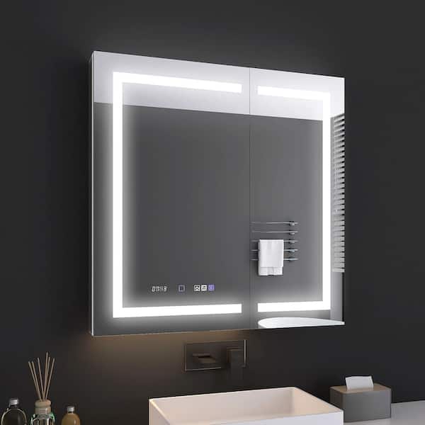 MEDUNJESS 36 in. W x 36 in. H Rectangular Silver Aluminum Recessed/Surface Mount Medicine Cabinet with Mirror and LED