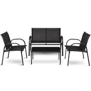 Black 4-Piece Metal Patio Conversation Set Furniture Set Chairs and Coffee Table