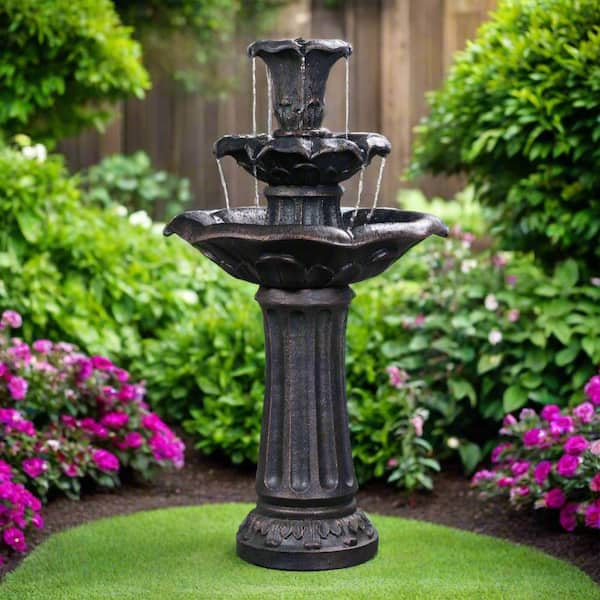 37.8 in. Gray Outdoor 3-Tier Lily Birdbath Waterfall Floor Fountain