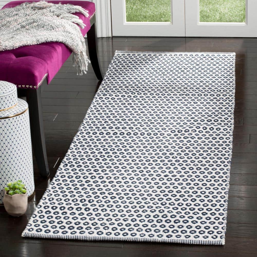 Navy & Ivory Hand-Woven Wool-Cotton Blend Runner Rug - 2'3" x 7'