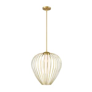 Savanti 18 in. 1-Light Modern Gold Shaded Pendant Light with White Opal Glass Shade, No Bulbs Included
