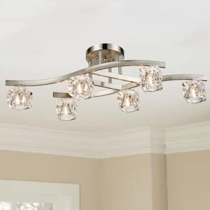 10 in. 6-Light Nickel Modern Semi-Flush Mount with Crystal Shade and No Bulbs Included 1-Pack