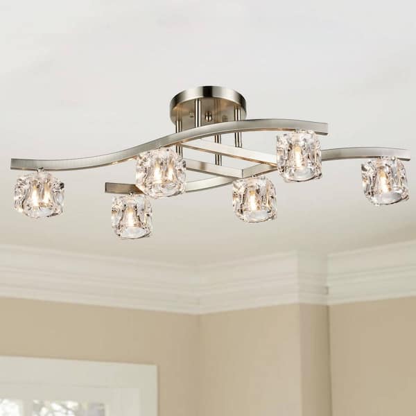 CLAXY 10 in. 6-Light Nickel Modern Semi-Flush Mount with Crystal Shade and No Bulbs Included 1-Pack