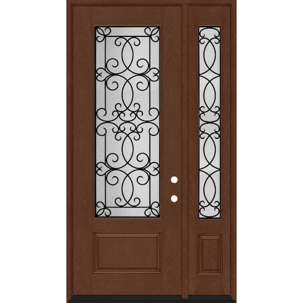 Regency 53 in. x 96 in. 3/4Lite Georgian Decorative Glass LHIS Chestnut Mahogany Fiberglass Prehung Front Door 14in.SL