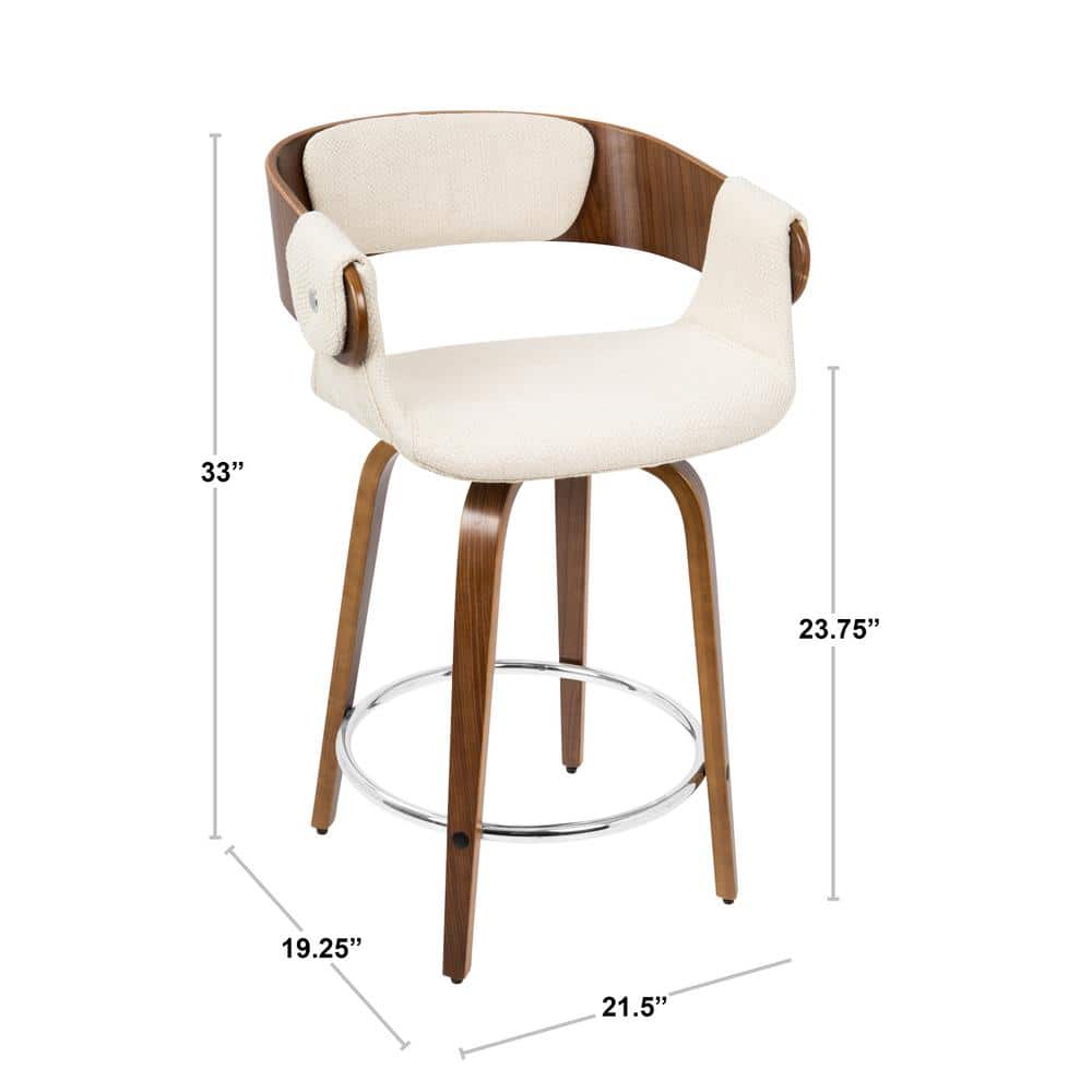 Elisa Cream Fabric and Walnut Wood Swivel Counter Stool, Set of 2