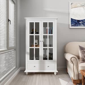 White Wooden Storage Cabinet with 3-Tier Shelves, 2 Doors and Drawer, for Living room, Bedroom