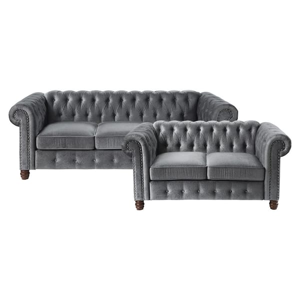 EVERGLADE HOME Clifton 149 in. W Rolled Arm Velvet Rectangle Sofa in Gray with 5-Seats