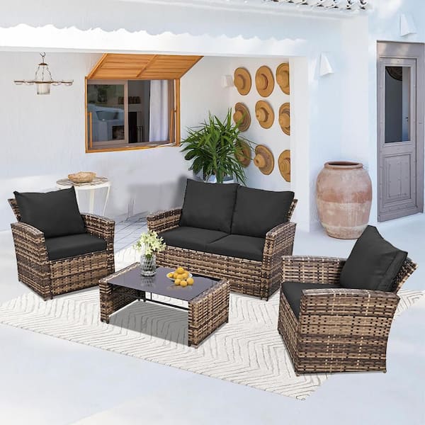 Unbranded 4-Piece Brown Rattan Wicker Outdoor Loveseat with Black Cushions