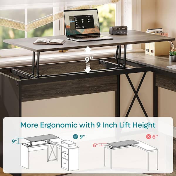 Bestier 55.7 in. Retro Grey Oak Dark 2 Drawer L-Shaped Computer