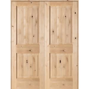 56 in. x 80 in. Rustic Knotty Alder 2-Panel Sq-Top w.VG Both Active Solid Core Wood Double Prehung Interior French Door