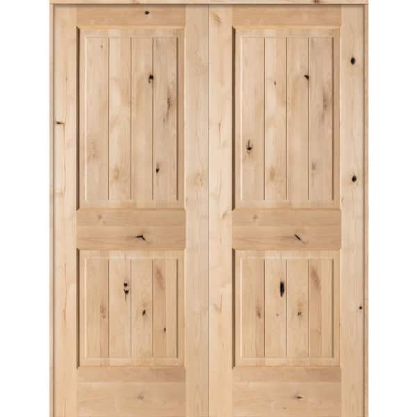 Krosswood Doors 56 in. x 80 in. Rustic Knotty Alder 2-Panel Sq-Top w.VG Both Active Solid Core Wood Double Prehung Interior French Door