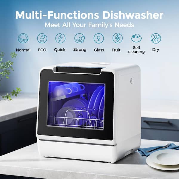 17 in. Countertop Dishwasher in White with 5 L Built-in Water Tank, Drain Hose, 8-Modes with Self Clean