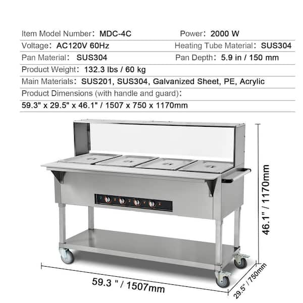 4-Pan Commercial Food Warmer, 4 x 20.6 qt. Electric Steam Table, 2000 W Buffet Warmer with Acrylic Sneeze Guard