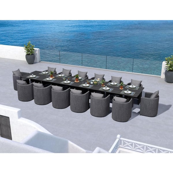 15-Piece Aluminum Outdoor Dining Set Rectangular Dining Table & U-shaped backrest Chairs with Olefin Cushions, Grey