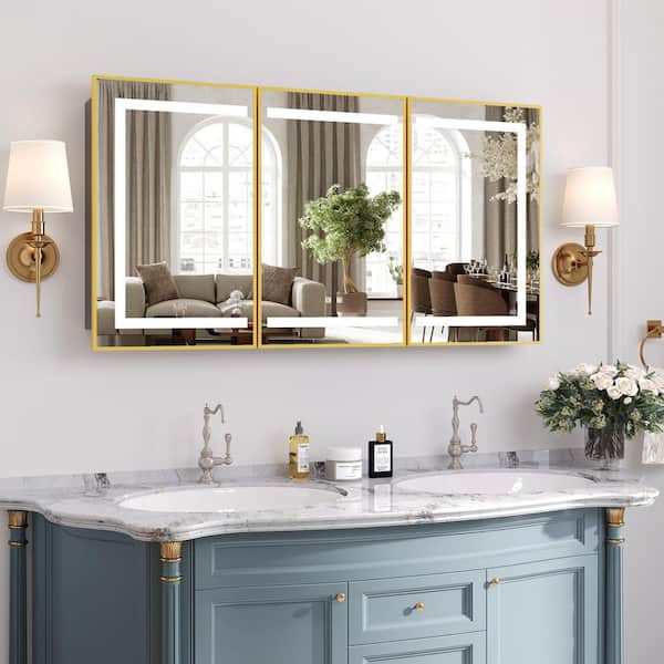 60 in. W x 32 in. H Large Rectangular Gold Wall Mount LED Lighted Medicine Cabinet with Mirror