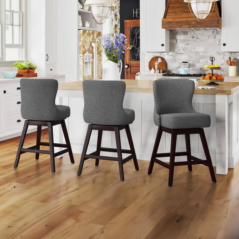 Gray Upholstered Swivel Bar Stools with Nailhead Trim, Set of 3