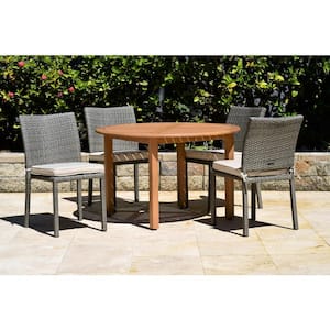 Berlin 5-Piece Wood/Wicker Round Outdoor Dining Set with Grey Cushions