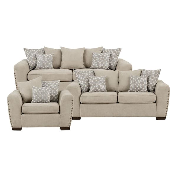Lazzara Fleming 82 in. W. Straight Arm Chenille Rectangle 3-Piece Living Room Sofa Set in Light Brown