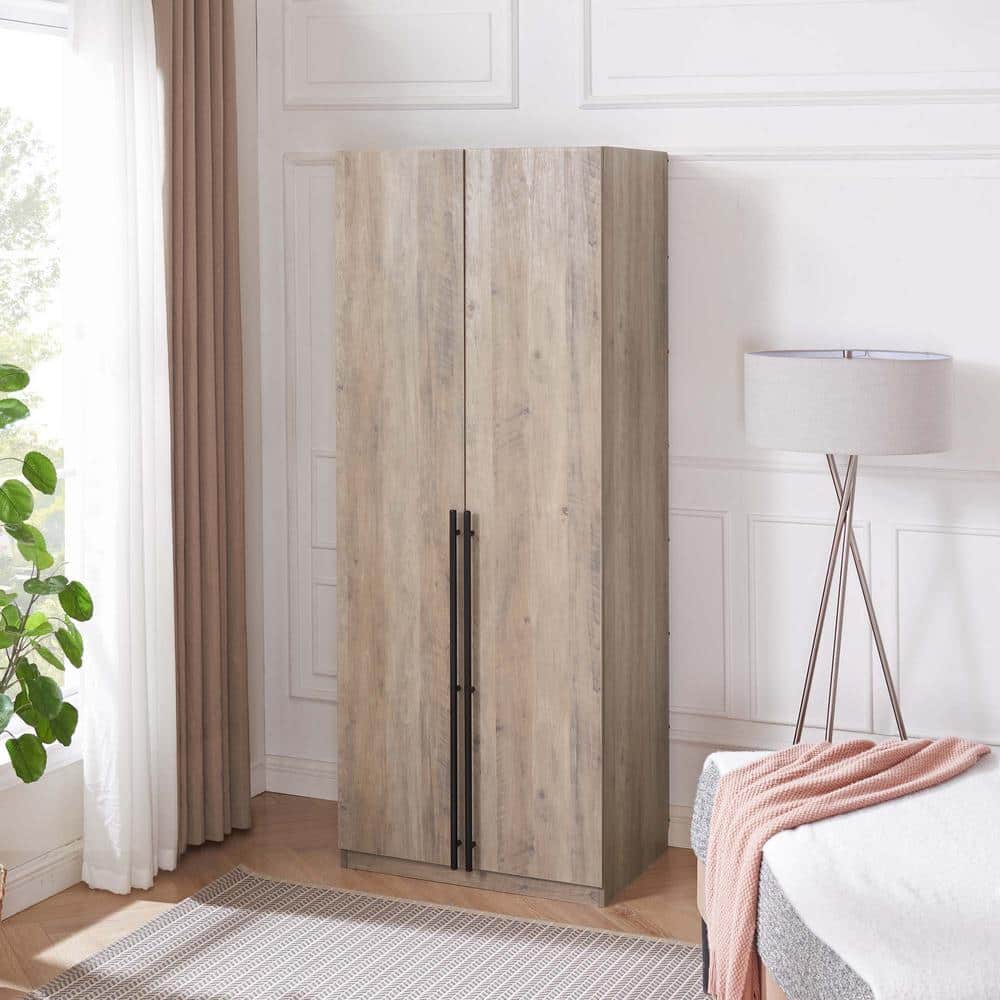 Rustic Gray 2-Door Hinged Wardrobe Closet with Metal Handles