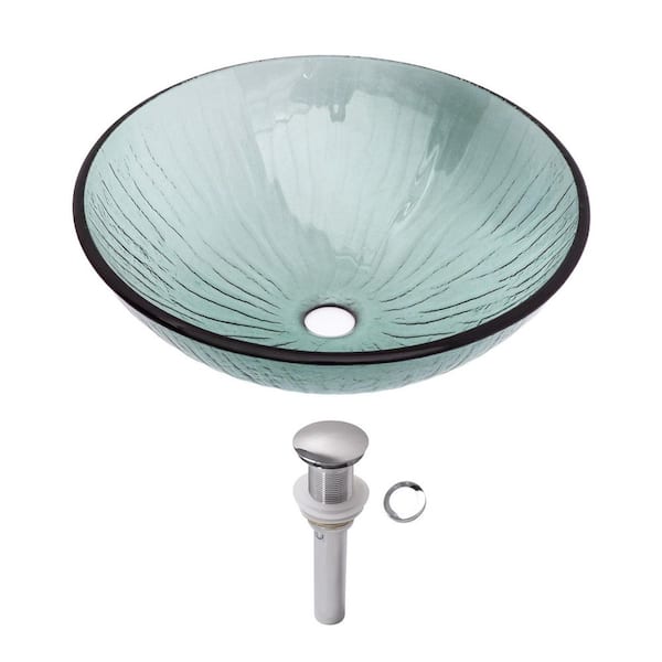 16 1/2 in. Tempered Glass Round Bathroom Vessel Sink in Green with Chrome Drain