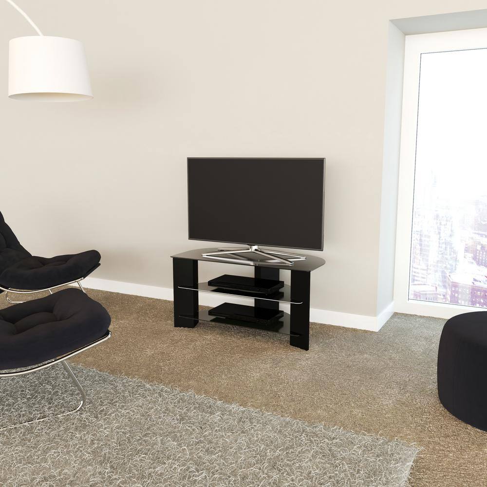 Black Tempered Glass Corner TV Stand with Chrome Legs, Up to 50"