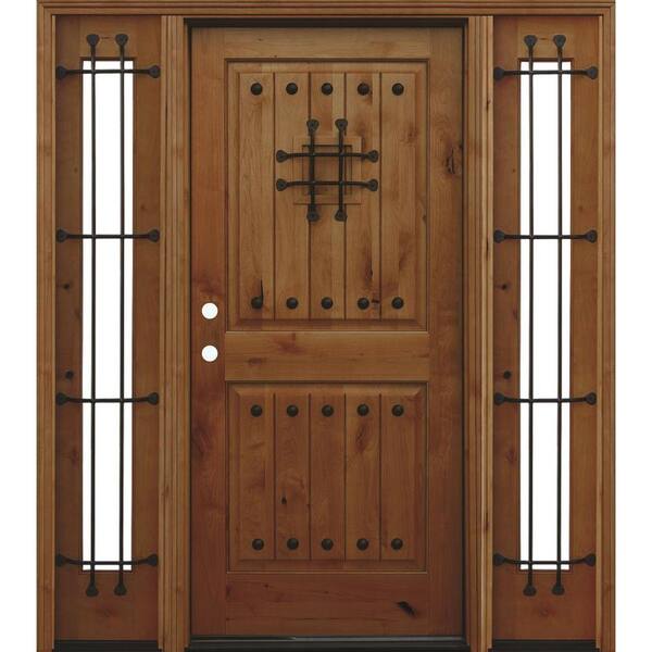 Pacific Entries 66 in. x 80 in. Mediterranean Rustic 2-Panel V-Groove Stained Knotty Alder Wood Prehung Front Door with 12 in. Sidelites