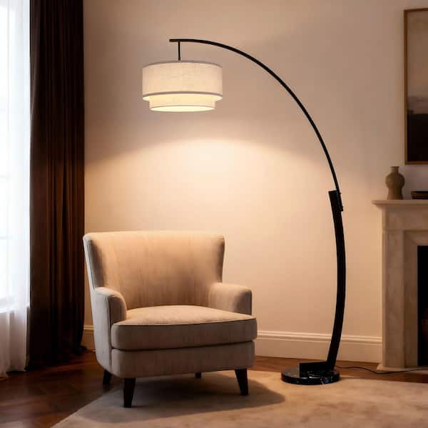 81 in. Black Arc Modern Floor Lamp w/ Bamboo Linen Shade, Adjustable Lighting and Marble Base for Living Room or Bedroom