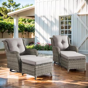 Carolina Gray Rocking Swivel Wicker Outdoor Lounge Chair with Gray Cushions with ottomans