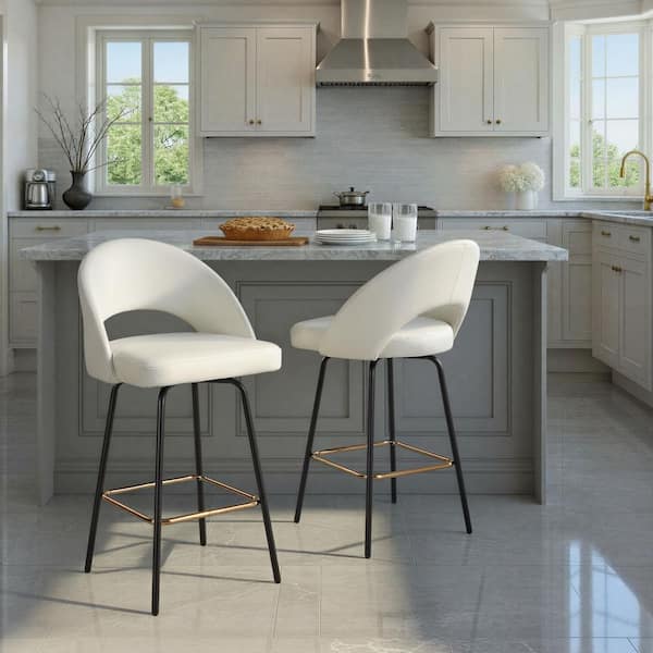 Renee Upholstered 38.75 in. White Faux Leather and Black Metal Fixed-Height Counter Stool Square Footrest (Set of 2)