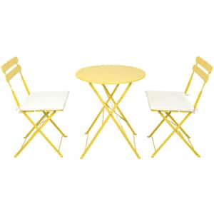 Yellow 3-Pc Patio Metal Chair Round Table Outdoor Bistro Set with White Fade Resistant Cushion and Rust Resistant Frame
