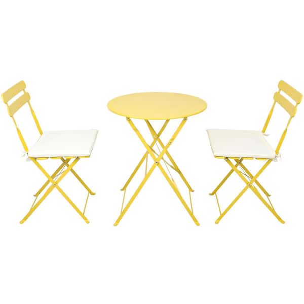 ITOPFOX Yellow 3-Pc Patio Metal Chair Round Table Outdoor Bistro Set with White Fade Resistant Cushion and Rust Resistant Frame