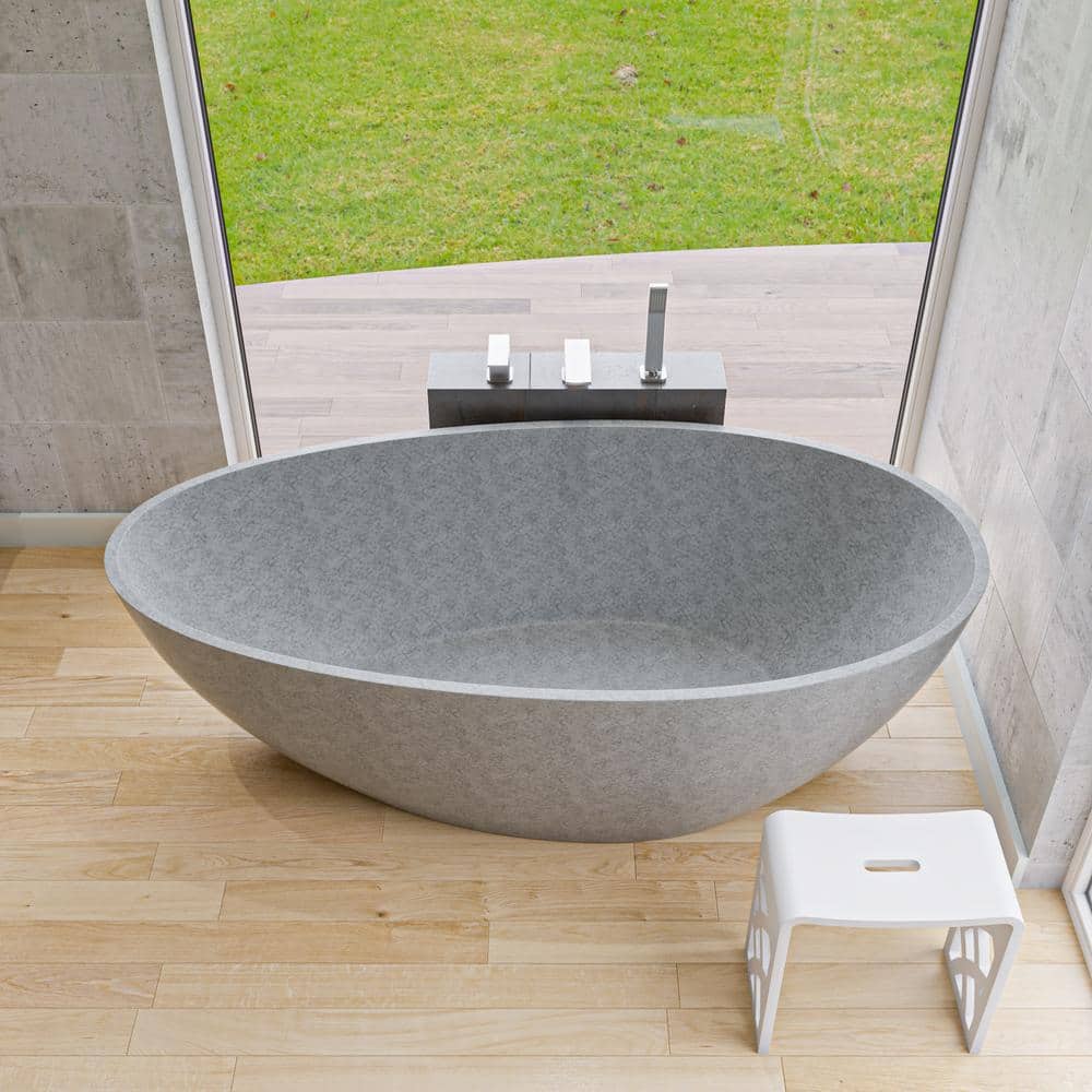 72'' Gray Matte Freestanding Oval Concrete Soaking Bathtub