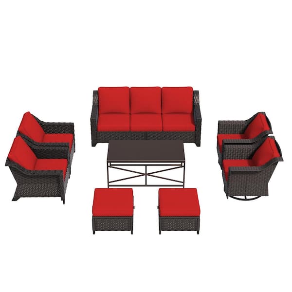 8-Piece Wicker Outdoor Patio Conversation Set Swivel Rocker Chairs with Red Cushions