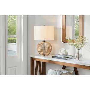 Cayman 21.875 in. 1-Light Bronze and Faux Wood Beaded Table Lamp with Fabric Drum Shade