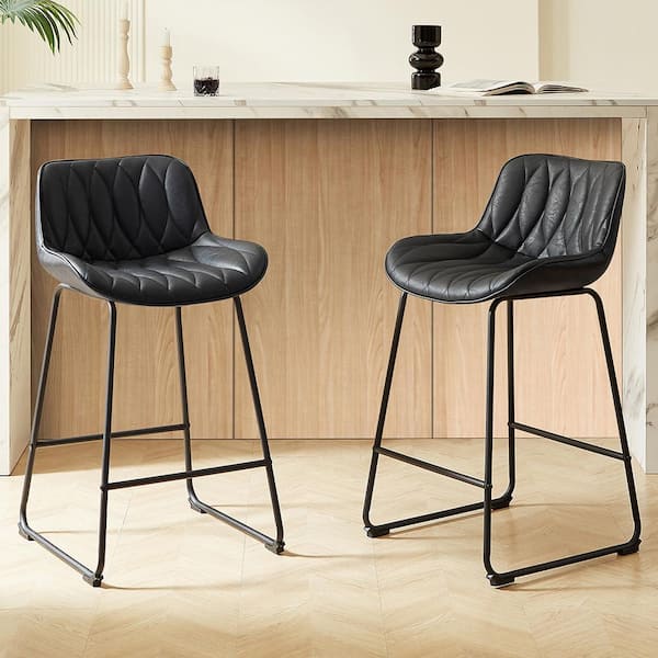 Art Leon Modern 25.99 in Seat Height Black Faux Leather Counter Stools with Metal Frame