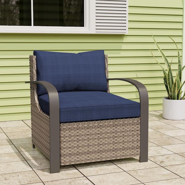 Wicker Patio Outdoor Lounge Chairs with Blue Cushions, Handwoven Rattan
