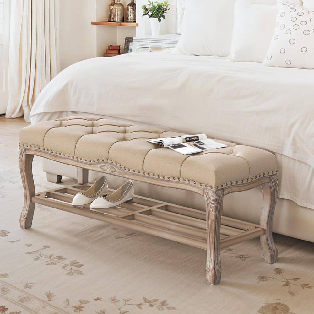 45.3 in. JULIOO Wheat Color Fabric Wood Frame Nailhead-Decorated Armless Bench With Storage Rack price history on PriceWatchPro