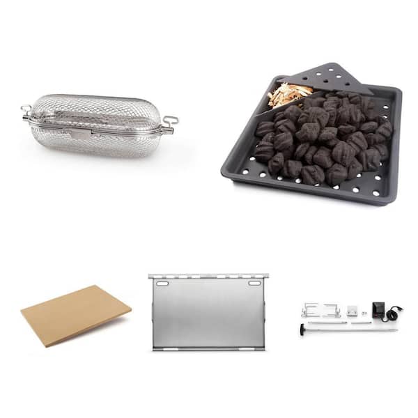Rectangular Baking Stone, Stainless Steel Griddle Insert, Smoker Tray, Rotisserie Kit and Basket Combo