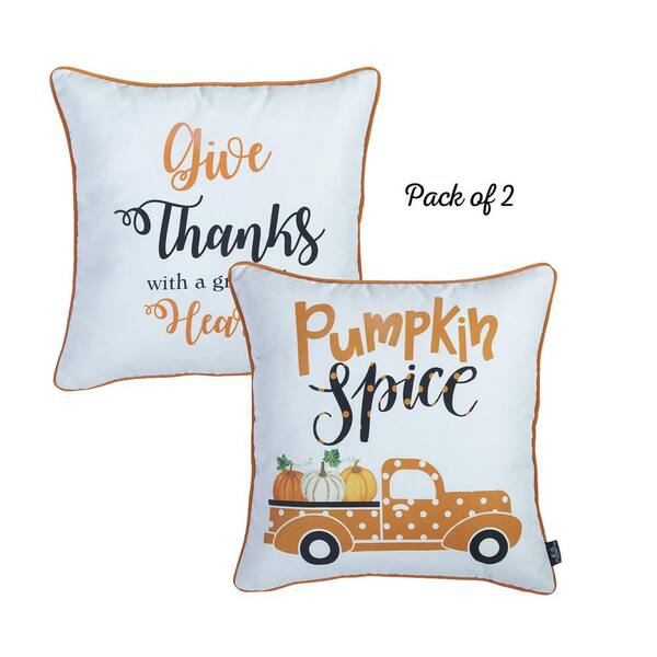Fall Season Decorative Throw Pillow Set of 2 Pumpkin Truck 12 in. x 20 in. White & Green Lumbar Thanksgiving for Couch, Bedding, Size: 12 x 20