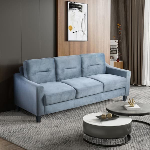Harper & Bright Designs 76.7 in. W Straight Arm Velvet Rectangle Sofa in Blue Gray with Rubber Wood Tapered Legs
