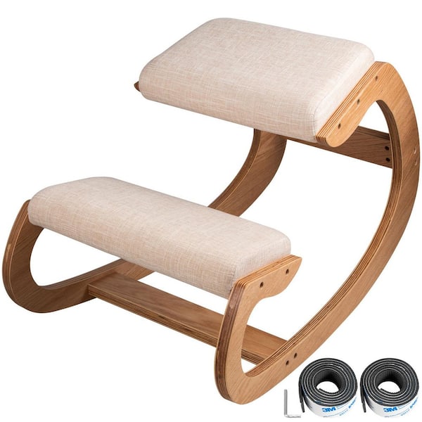 Ergonomic Kneeling Chair Heavy Duty Better Posture Kneeling Stool Chair, Wood, Outdoor Rocking Chair with Cushion Beige