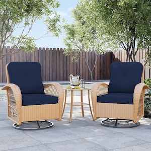 3-Piece Yellow Wicker Outdoor Rocking Chair Patio Swivel Chair with Dark Blue Cushion and Side Table