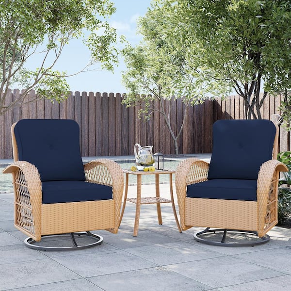 UPHA 3-Piece Yellow Wicker Outdoor Rocking Chair Patio Swivel Chair with Dark Blue Cushion and Side Table