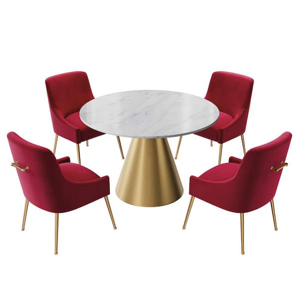 Clihome 5-Piece White Marble Counter Top Dining Table Set Seats 4(4 Red Chairs)
