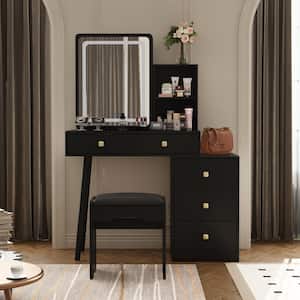 Black Wood Makeup Vanity Set Dressing Table with Glass Top, Square Sliding LED Lighted Mirror, 4-Drawers and Stool