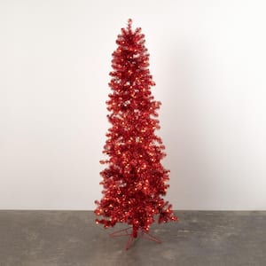 6 ft. 9 in. Red Prelit Tinsel Artificial Christmas Tree