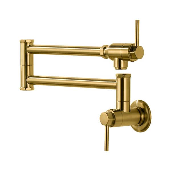 Wall Mounted Pot Filler 2-Handles Kitchen Faucet with 360° Spout Swivel in Brushed Gold